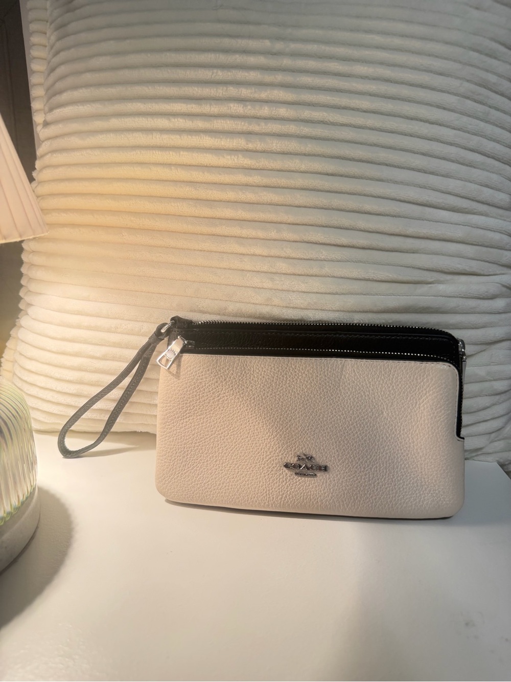 Coach Cream and Black Leather Wristlet Clutch